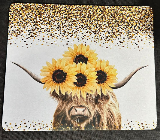 Sunflower Highland Cow Mouse Pad