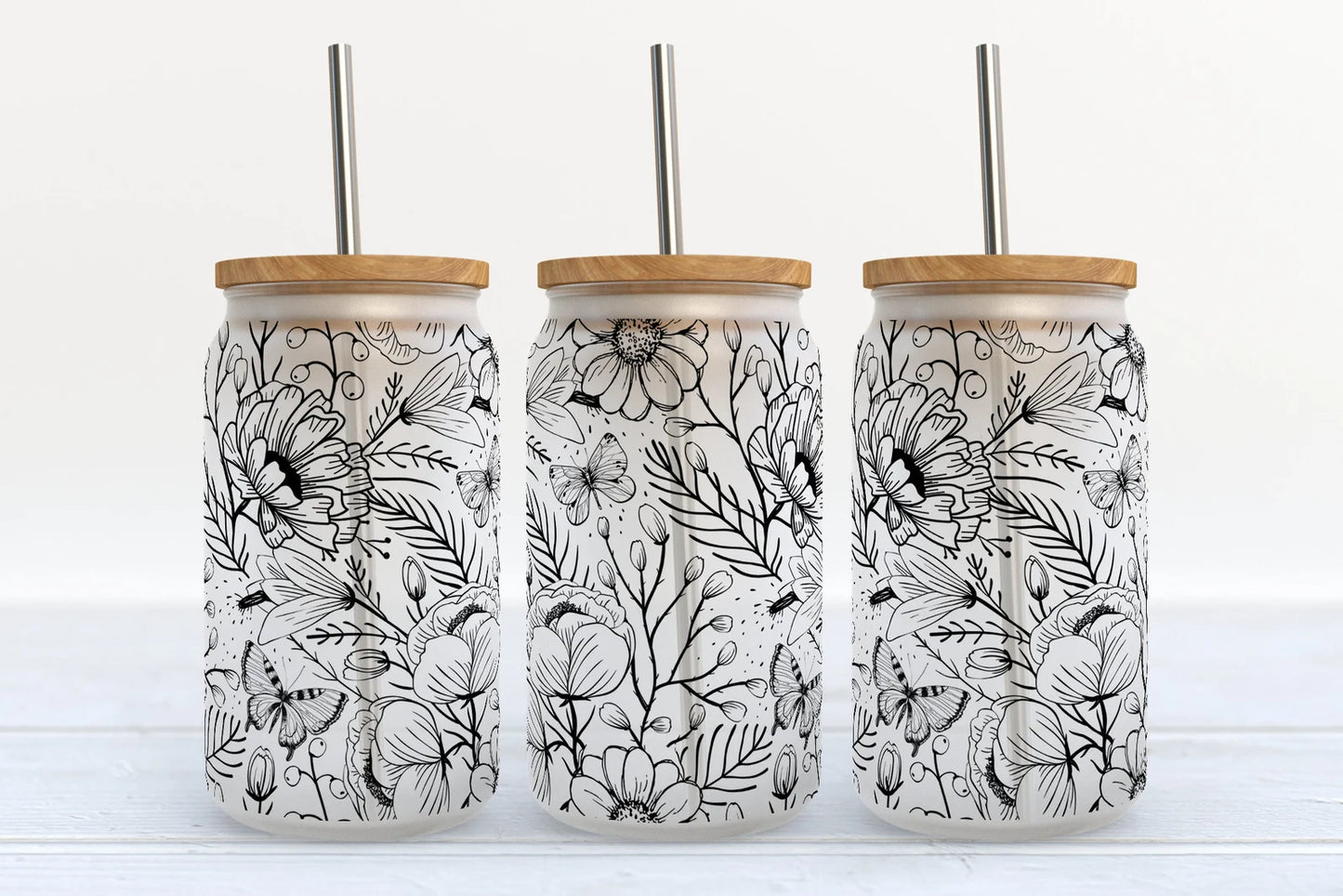 Floral Butterfly Glass Tumbler